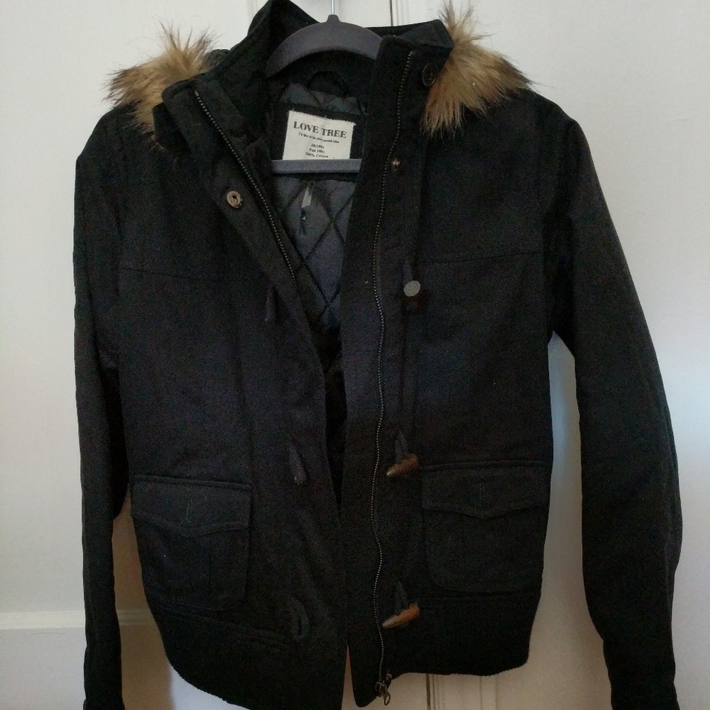 Love Tree Black Jacket with Fur Hood M